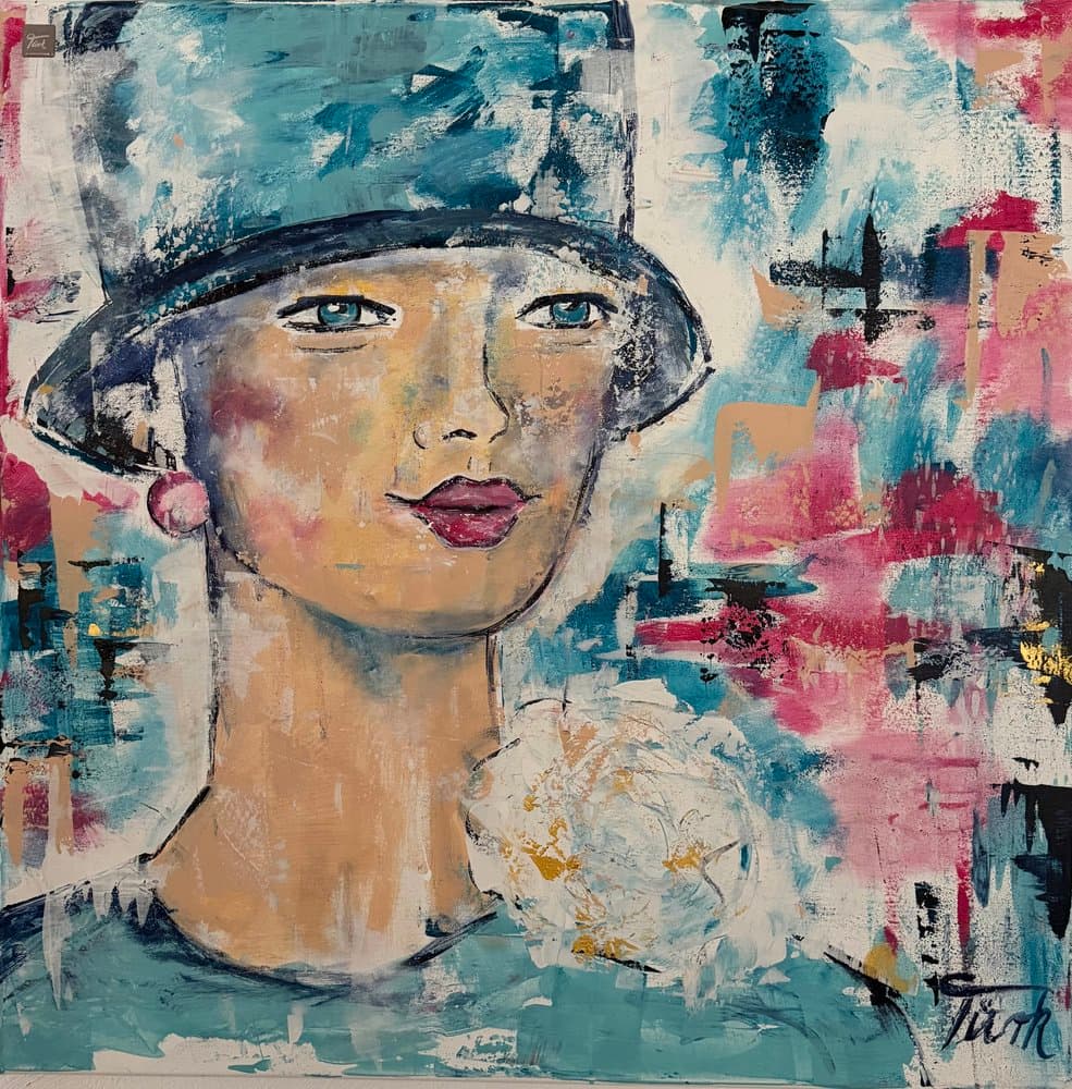 Frau mit Hut Türkis - Kunstwerk von Sabine Türk