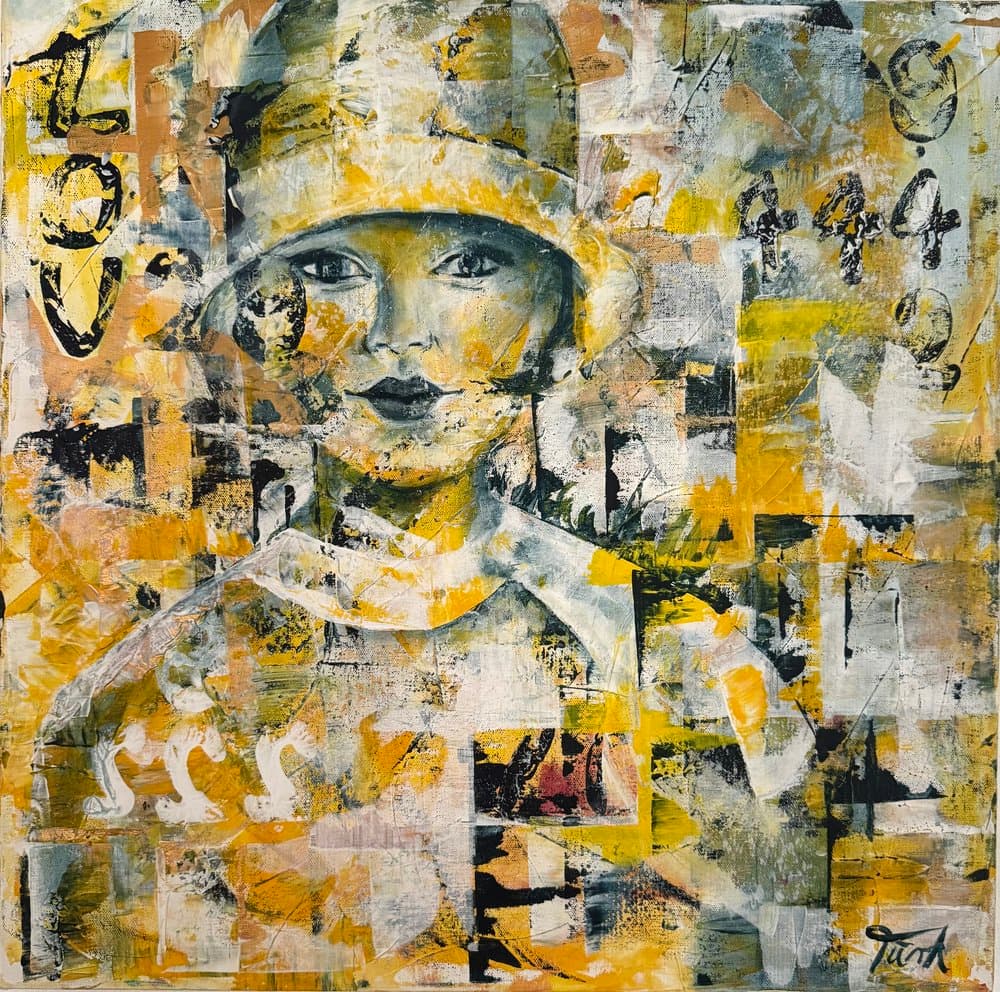 Frau mit Hut Gelb Indigo - Kunstwerk von Sabine Türk